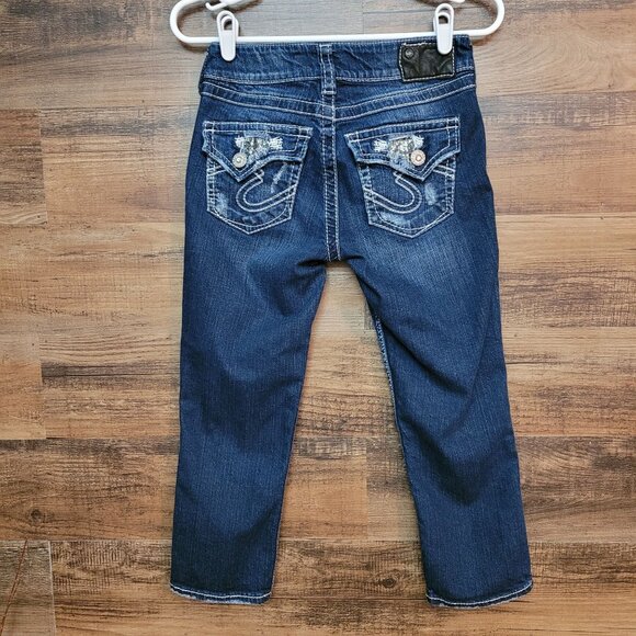 Silver Jeans Size 25 Suki Flap Capri Embelllished Ripped Dark Wash Stretch - Picture 1 of 13